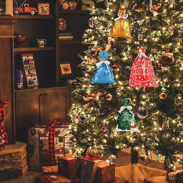 30 stk Julegaveposer, Plastjulegaveposer med 30 pakkebånd for juledekorasjon og gaveinnpakking
