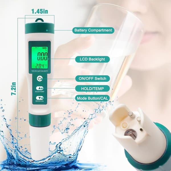 7-in-1 TDS/EC/Salinity/ORP/SG/Temperature/pH Tester, with Backlit pH Meter, High Precision, Suitable for Drinking Water Pools and