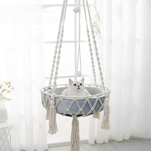 Cat Hammock, Hanging Cotton Swing, Cat Hammock for Window, Knitted Bed, Hanging Cat Bed for Sleeping, Playing, Climbing and Relaxing