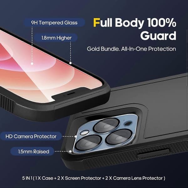 [5 in 1] Shockproof Protective Case for iPhone 14 with 2-pack Tempered Glass Screen Protector + 2-pack Camera Lens Protector Case