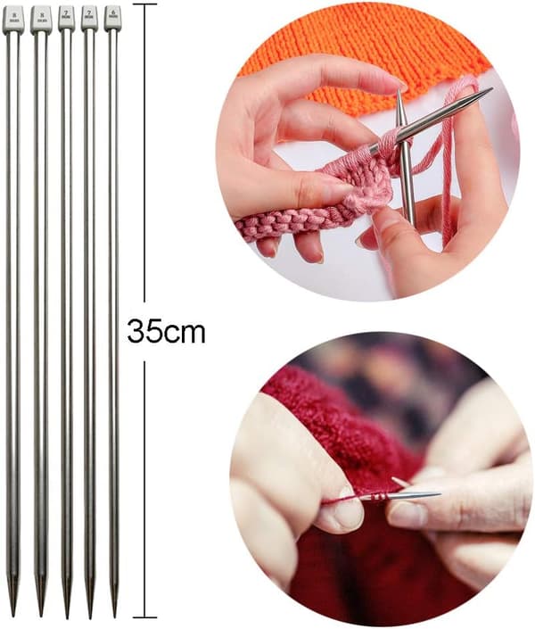 Strikkepinde i rustfrit stål, 11 par, enkeltspidsede strikkepinde