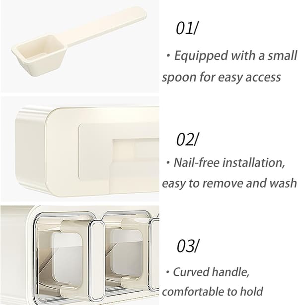 Wall-mounted Spice Organizer Spice Storage Box Large Capacity Spice Box for Kitchen 3 Compartments PP Spice Box Spice Tray with Spoon