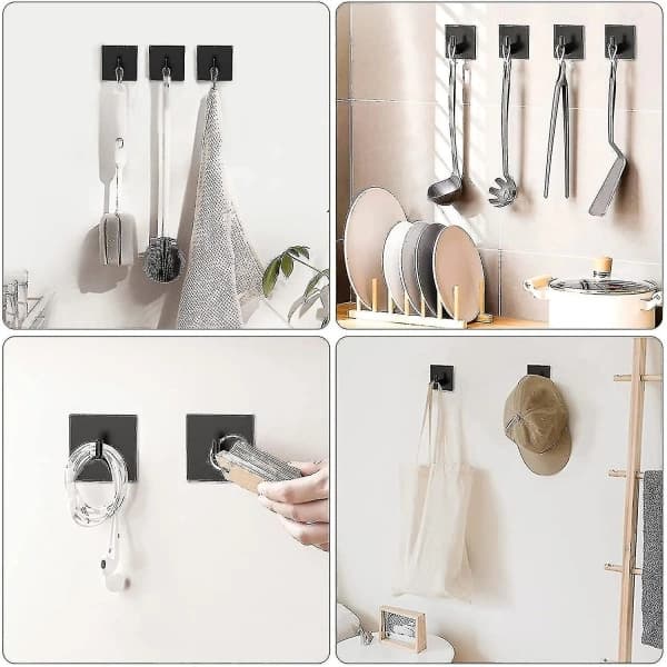 4 stk. selvklæbende kroge, sorte selvklæbende håndklædekroge i rustfrit stål til badeværelset