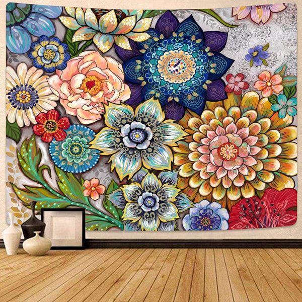 Fargerikt blomsterteppe Veggoppheng, Bright Boho Stoff Blomsterteppe, Multifarge Tapestry for soveromshjem Hippie Vegg 73
