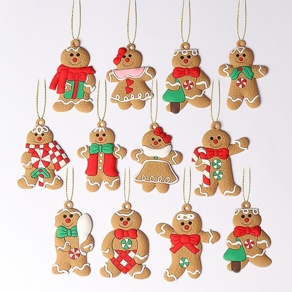 12 stycken pepparkaksgubbe-prydnader för julgransdekorationer, fina hängande dockcharm, rolig barnpresent till julgranspynt, semester, Mul
