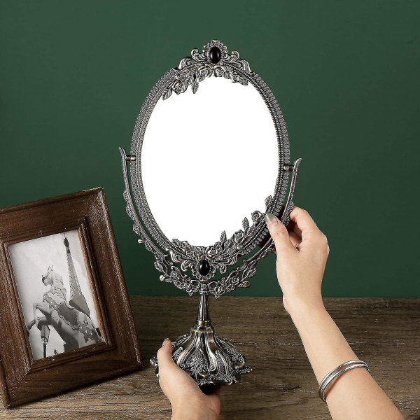 Vintage sminkspegel Bordsskiva oval sminkspegel med bas Dubbelsidig vridbar dekorativ elegant spegel för bänkskärm