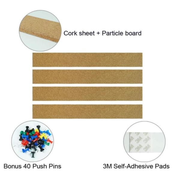 Cork Board anslagstavla Bar Strip 5 x 38 cm tjock, naturlig ramlösa Cork Board Strips med flerfärgade tryckstift, - 4 st.