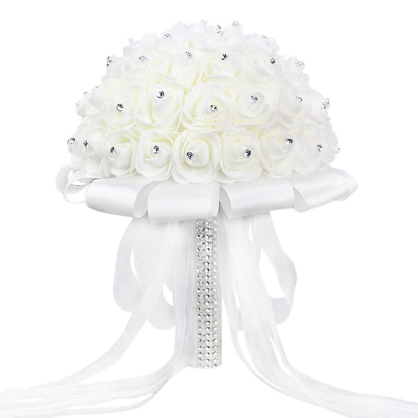 Hvid Kunstig Blomsterbuket med Rhinestones Brud Holding Blomster Brudepige Bouquet Håndbuket B White 20X25cm