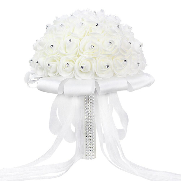 Vit Konstgjorda Blommor Bukett Strass Brud Håller Blommor Brudtärna Bukett Hand Bukett B White 20X25cm