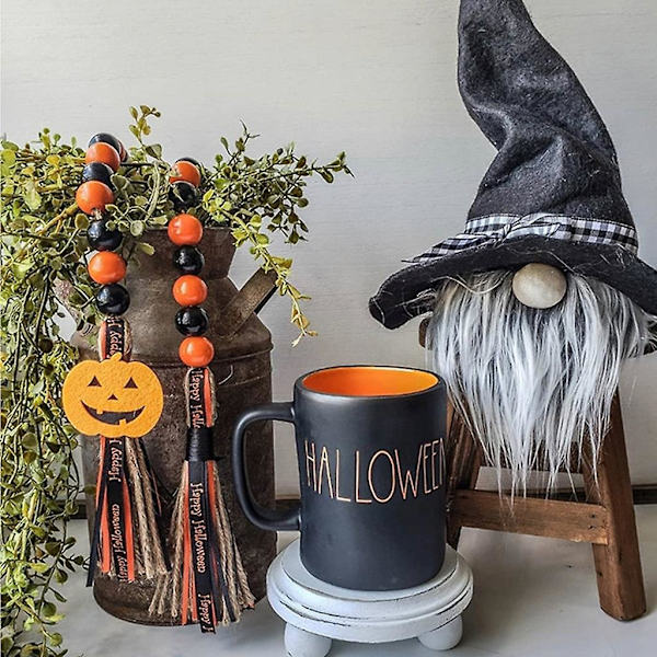 Puinen helmikoriste, jossa tupsut - Temppu vai keksit ja Onnellinen Halloween - Koriste, tyyli 4