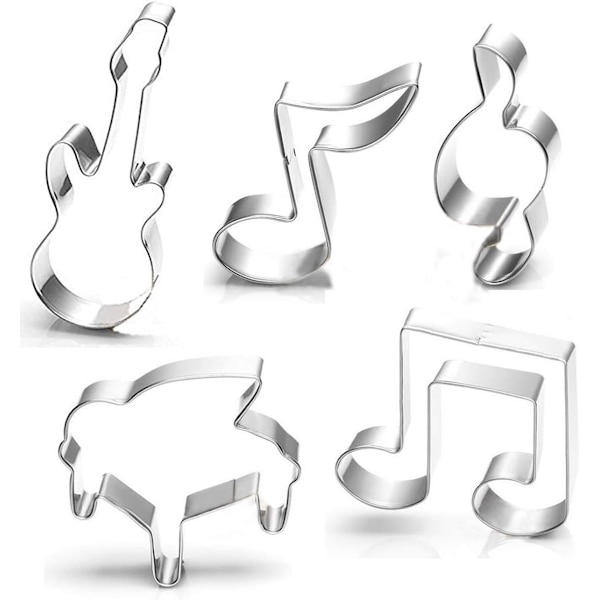 Musik-kakformssats - 5 delar  Gitarr, Musiknoter-skylt Musiktema Kekskakform 5 delar - Rostfritt stål