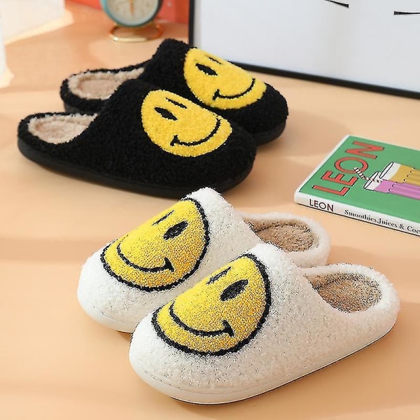 Retro Smiley Pehmeät Plussiset Mukavat Lämpimät Tossut Pariskunnalle Talvi Lämpimät Sisätilojen Tarvikkeet 41-42 Musta