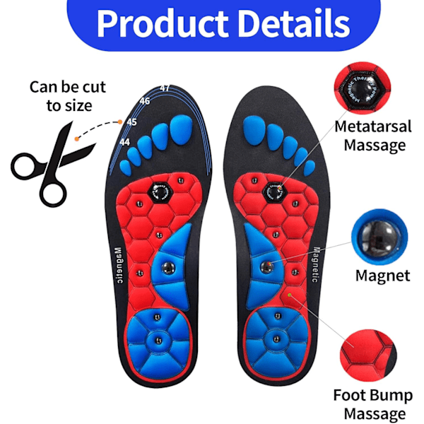 1 par magnetiska Acusoli akupressursulor för hålfotsstöd, främjar blodcirkulationen, lindrar trötthet, ortopediska, unisex, klippbara L L Black and Red