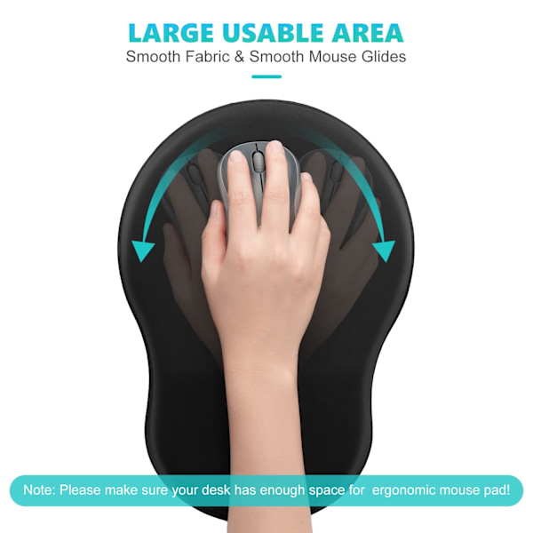 Musmatta med handledsstöd, Ergonomisk musmatta med handledsstöd, Smärtlindrande musmatta med halkfri gummibas, Bekväm (Svart)
