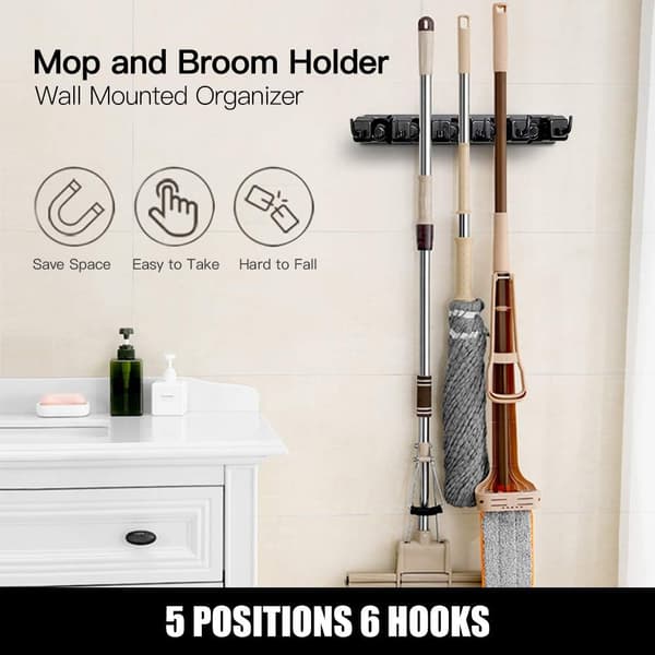 Mop and Broom Holder, Wall Mounted Organizer - Mop and Broom Storage Tool Rack with 5 Ball Slots and 6 Hooks (Black) (One Pack)