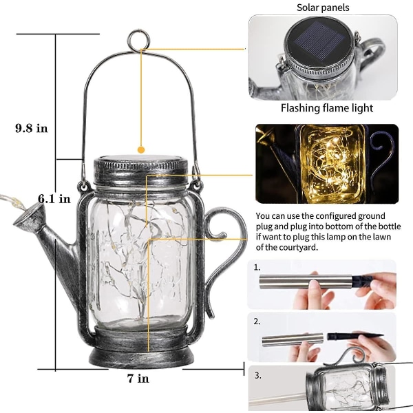 Aurinkoenergiainen Mason Jar -valaisin, Kastelukannun Muotoinen, 45 LED-valoa, Ripustettava Mason Jar -lyhty, Ulkokäyttöön Terassille, Puutarhaan ja Pihalle