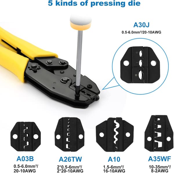 Cable crimping tool, cable crimping tool with 5 interchangeable jaws, ratchet pliers for wire, connection terminals