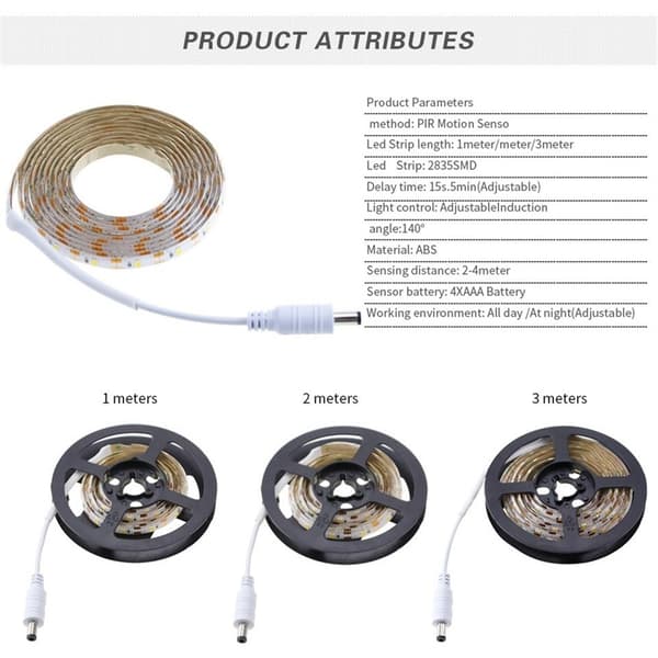 1M 2M 3M Wireless Motion Sensor LED Strip Battery Powered Night Light Under Bed Lamp for Wardrobe Cabinet Stairs Hallway 0.1 0.1