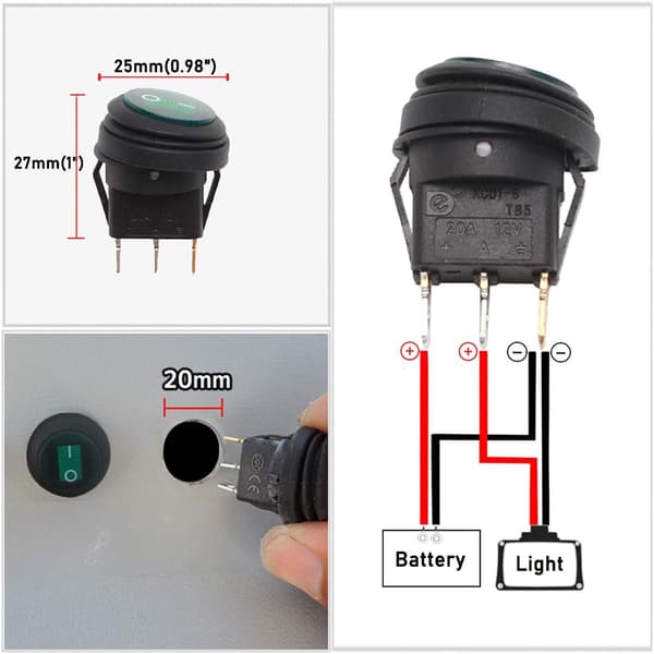 Vanntett rund vippebryter, 12V 20A, 3-pinners grønn LED-bryter (5 ringer, grønn)