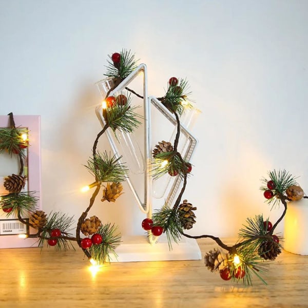 6,6 FT, 20 Led julekrans med lys og større furukongler, LED-lys, røde bær, julelys for