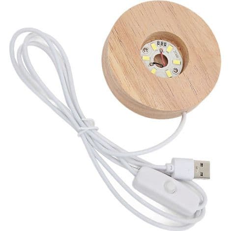 Round Oak LED Light Base, USB Interface, 2cm Thick, Bright Decorative Lamp for Home, 5V, White Light.