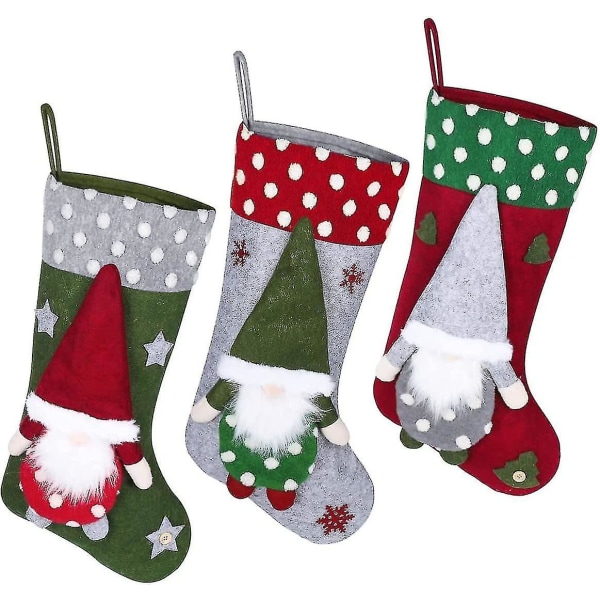 Julestrømpe Sok Gavepose(47 * 26cm), 3 Stk Store Sokker Gavepose Julepynt, Hængestrømper til pejs, juletræ, sæson