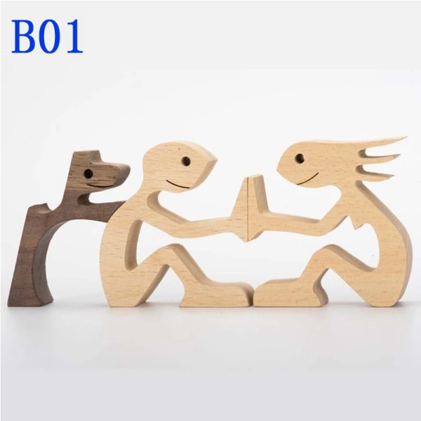 Familjevalp Träsnideri, naturligt massivt trä husdjurshund Familjehantverksskulptur, kreativa handsnidade presenter (hund och familj)