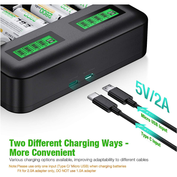 Uppladdningsbar batteriladdare - 8-fack AA AAA CD-batteriladdare för uppladdningsbara batterier med 2A USB -port, typ C-ingång, snabb batteriladdare