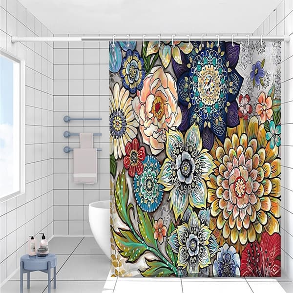 180 x 200 cm Shower Curtain with 12 Hooks Quick-Drying (Flowers), Machine Washable