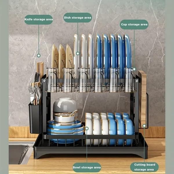 Two-tier dish rack with utensil holder and drip tray, two-level dish rack, 2-tier kitchen dish rack