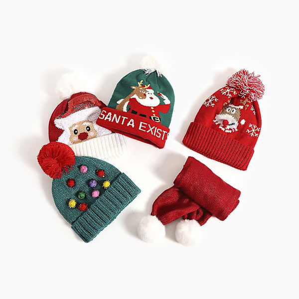 Børne Jule Sequin Santa Claus Strikket Hat Tegneserie Rensedyr Vinter Varmt Langt Halstørklæde Rød Elg