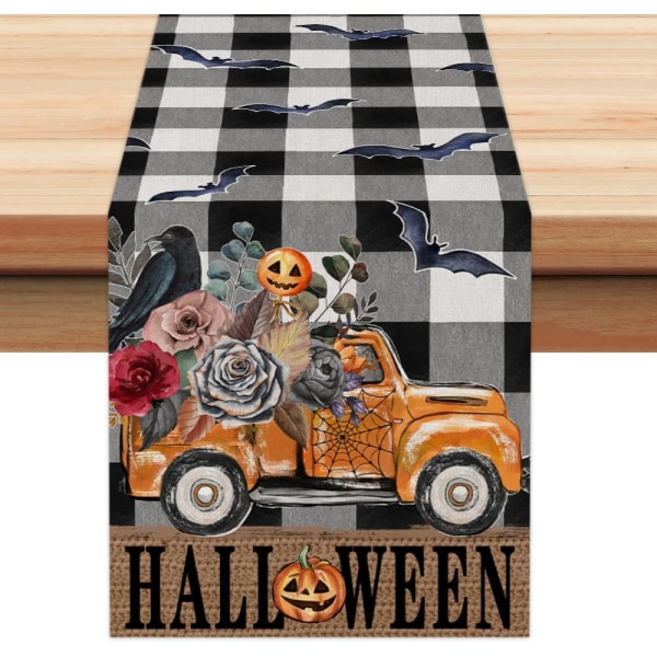 Halloween Bordløber, Græskar Lastbil Bat Blomst Kråke, Sæsonbestemt Burlap Buffalo Plaid Farmhouse Indendørs Køkken Spisestue Tab