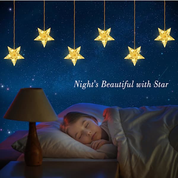 LED Star Curtain Light String Christmas Decoration Diamond Battery Operated Timer 8 Modes, Star Light String Curtain Waterproof Warm White