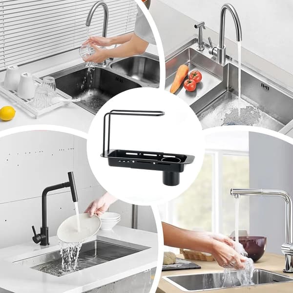 ExHAndable opvaskestativ i rustfrit stål over vasken med bestikholder, svampeopbevaring og afløbsbakke, sort, 31,5-44,5 cm
