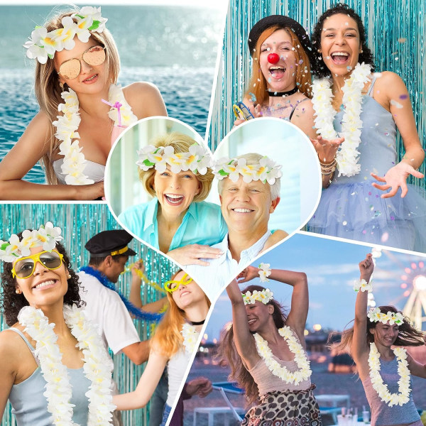 4 stk. Hawaiiansk Lei Sæt, Hvid Luau Krans Garland Hawaii Leis Blomster Hårbånd Halsk Armbånd Fødselsdag Ferie Fest