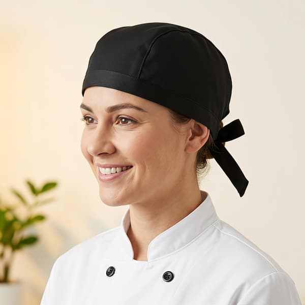 Sort kokkehue med bindebånd til mænd og kvinder i catering