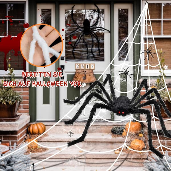 Halloween Decorations, Realistic Outdoor Plush Spider (50cm) + 5 Meter White Triangular Spider Web