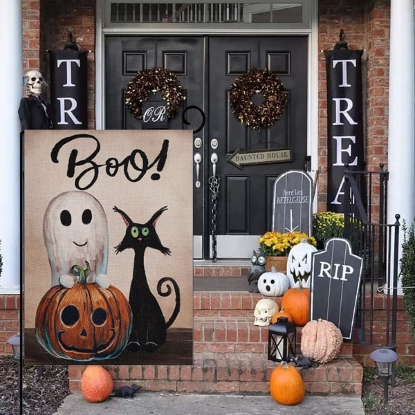 Halloween Välkommen Trädgårdsflagga Blommig Dubbelsidig Vertikal Rustik Bondgårdsplantering Säsongsbetonad Semester Utomhus Dekoration 12×18 Tum