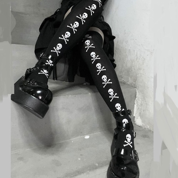 Gothic Halloween svarta lårstrumpor för damer Harajuku Vintage Skull Skull Print Over the Knee Strumpor Lolita Cosplay Tights