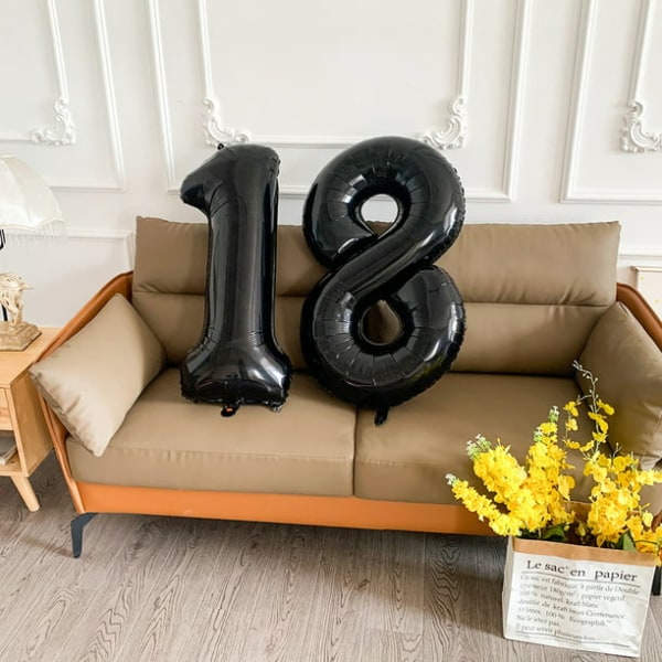 Svart nummer 18 ballongfolie, 40 tum, svart 18-årsballong, födelsedagsdekorationer