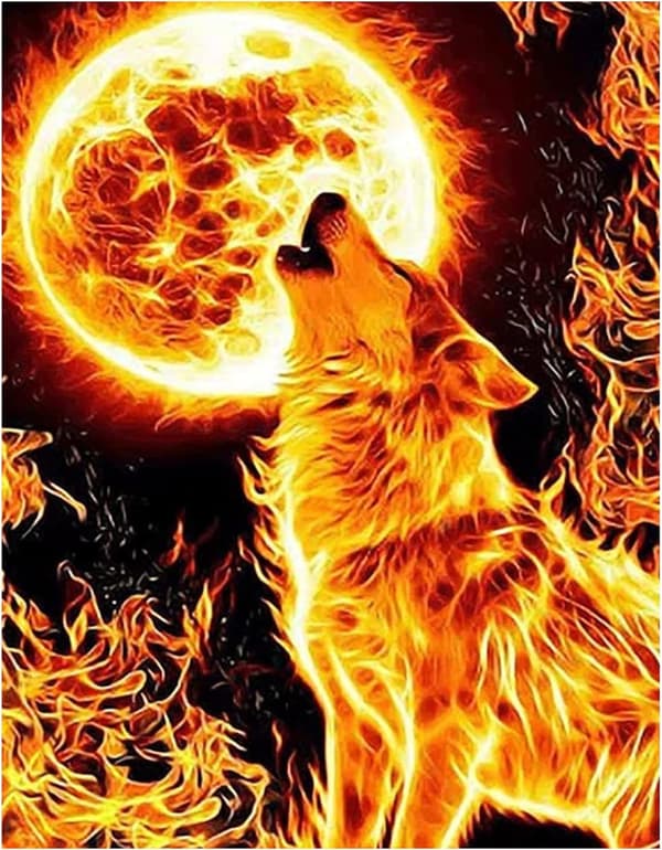(30x40cm) 5D Diamantmaleri-sæt, Full Drill Moon Fire Roaring Wolf Diamantkunst, DIY Komplet