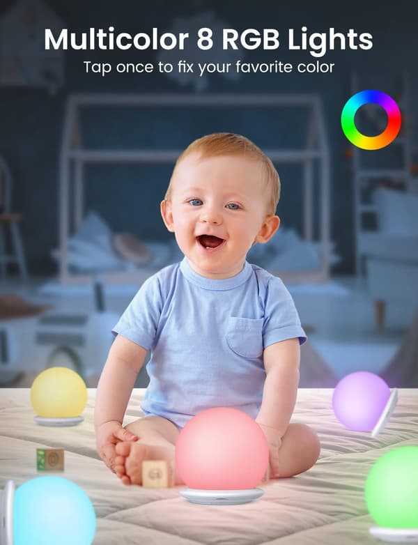 Rechargeable Night Light for Children, Baby Night Light with 1-hour Timer - Dimmable - Touch Control - 8 Light Changes - USB Rechargeable