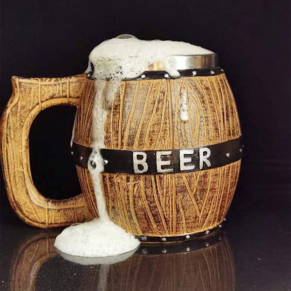 Vintage Faux Eikefat Ølkopp, Harpiksstøpt Rustfritt Stål Kaffebeger Tankard, Unik Gave til Mann (450ML)