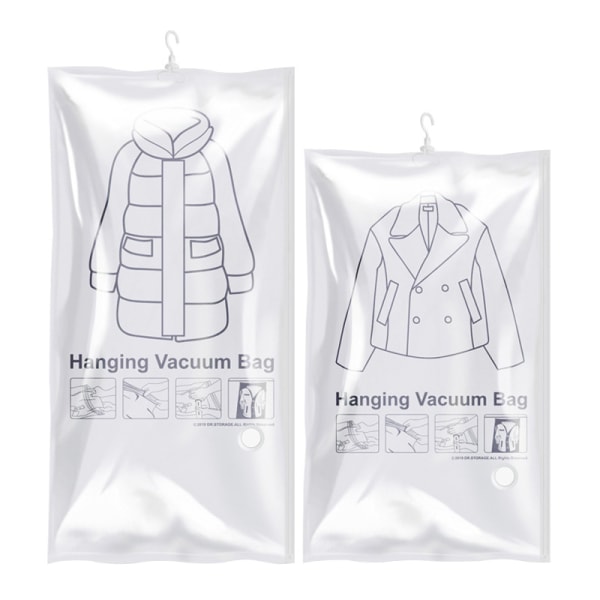 Hängande vakuumförvaringspåsar Space Saver-påsar för kläder, set med 2 (1 lång, 1 kort), vakuumförslutande påsar för kläder,
