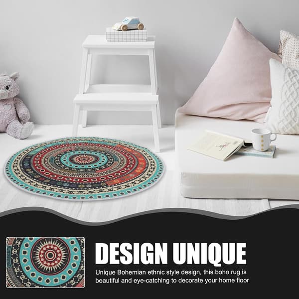 Boho Tæppe Rundt Gulvtæppe 2ft Polyester Vaskbart Let at Rengøre Farverigt Boheme Tæppe