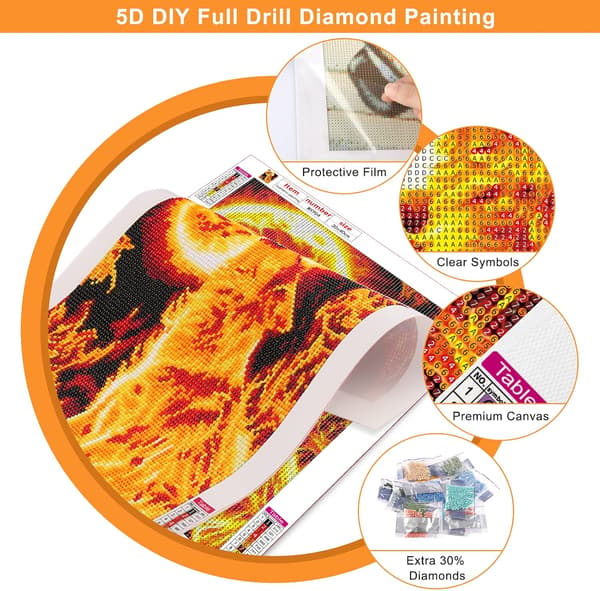 (30x40cm) 5D Diamantmaleri-sæt, Full Drill Moon Fire Roaring Wolf Diamantkunst, DIY Komplet