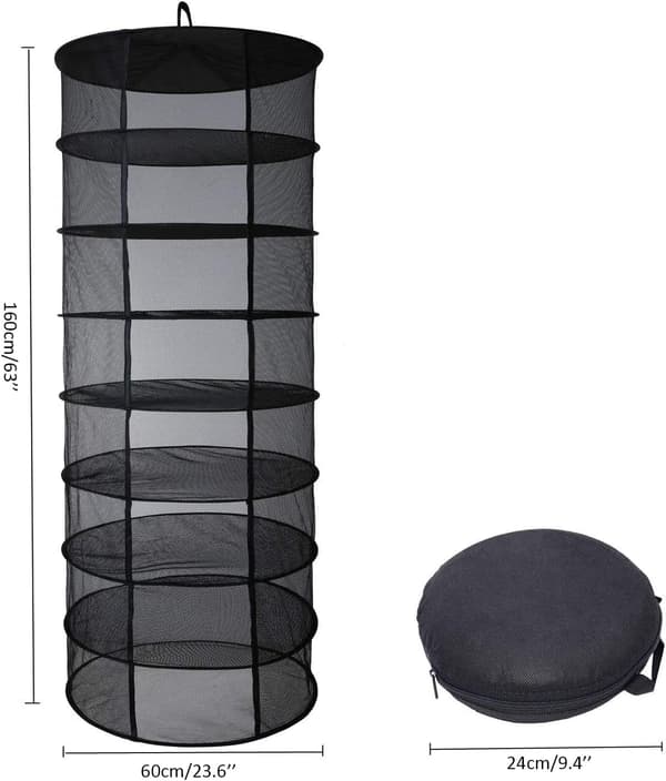 Hanging Drying Rack for Herbs, 60 cm 8-Layer Foldable Hydroponic Drying Net with Mesh, S-Hook and Storage Bag, Black (D61 cm x H155 cm)
