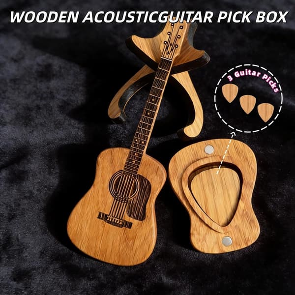Unique Wooden Guitar Pick Mask with Stand - Includes 3 Guitar Picks, Engraved Pick Case for Musicians, Thoughtful Personalized Gift