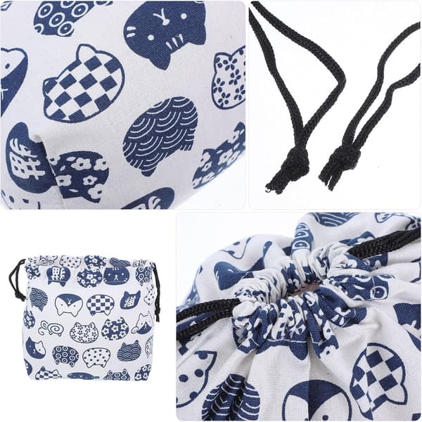 Japanese Cotton Drawstring Bento Lunch Bag with Blue Cat Pattern, Double-Layer Thickened Cotton