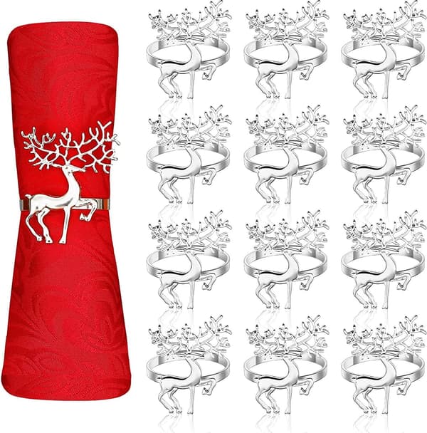 12 stk. julerensdyr-servietringe, 5,5 cm sølv servietholder